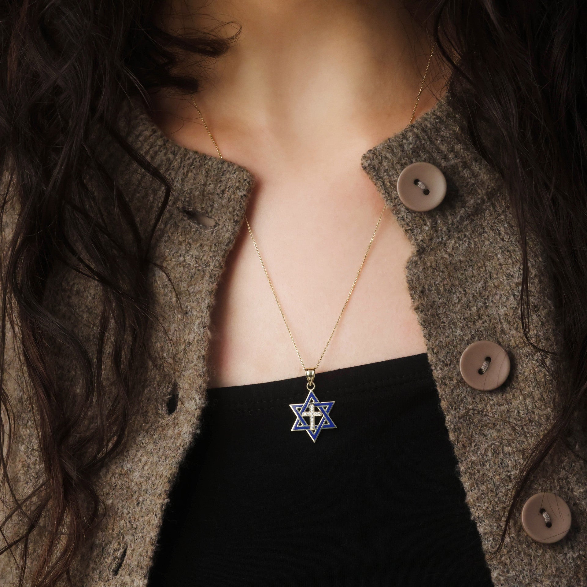 Gold Star of David Cross Necklace with Diamond