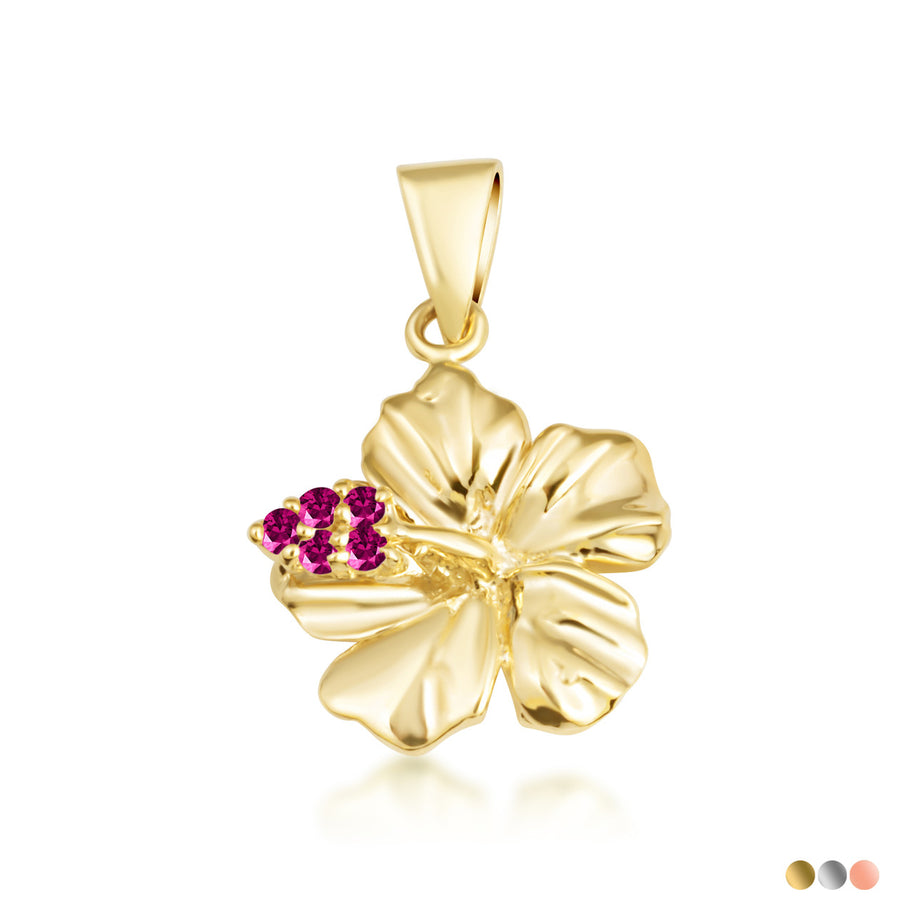 Gold Hibiscus Flower Necklace (Available with Red or Clear Cubic Zirconia)
