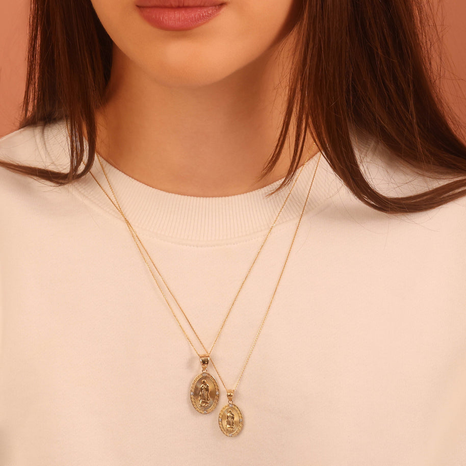 Gold Virgen Mary de Guadalupe Necklace with Diamonds (S/L) (Available in Yellow Gold, Rose Gold, White Gold)