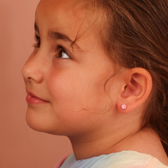 14K Yellow Gold Enamel Heart Flower Baby Stud Earrings