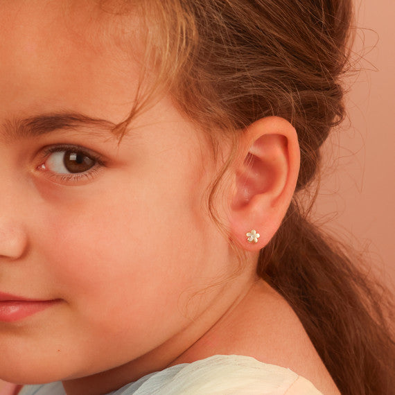 14K Yellow Gold Diamond Flower Baby Stud Earrings