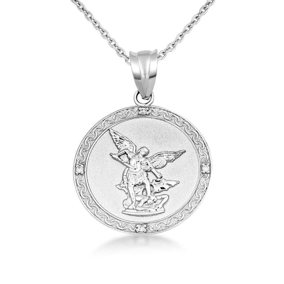 Silver Saint Michael Pendant Necklace with Cubic Zirconia