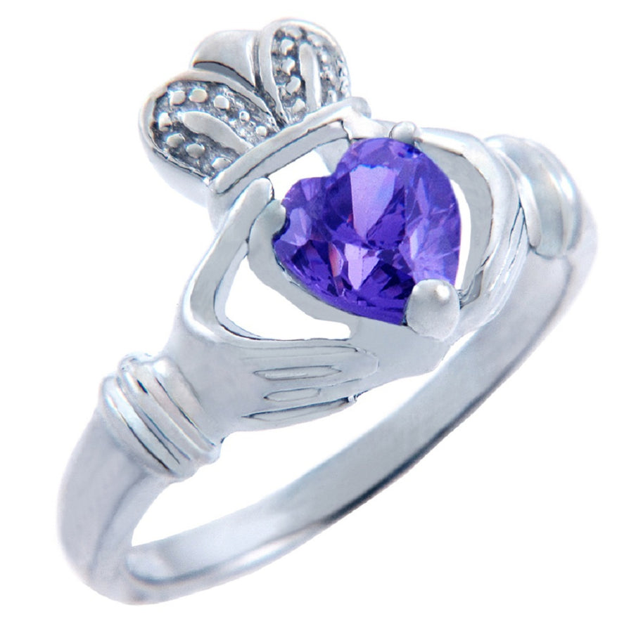 Silver CZ Birthstones Claddagh Heart Ring