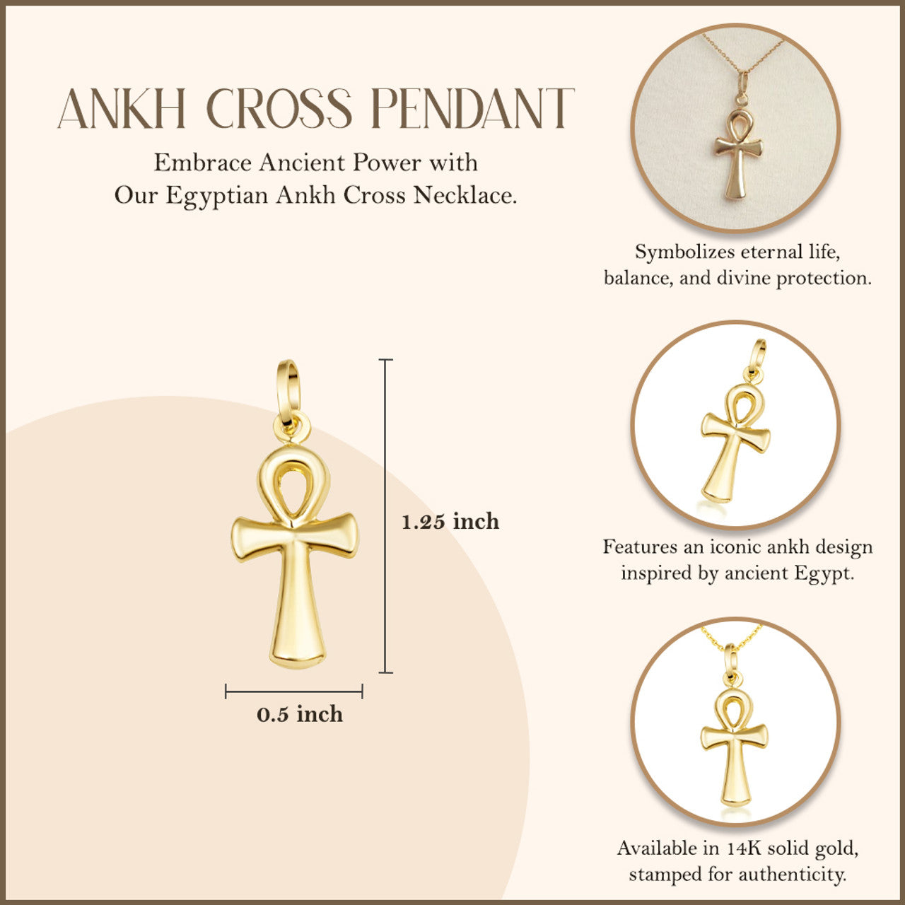 14K Gold Egyptian Ankh Cross Pendant Necklace