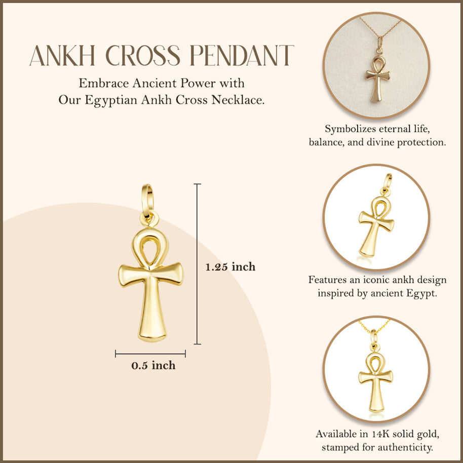 14K Gold Egyptian Ankh Cross Pendant Necklace