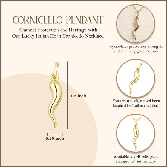 14K Gold Lucky Italian Horn Cornicello Pendant Necklace