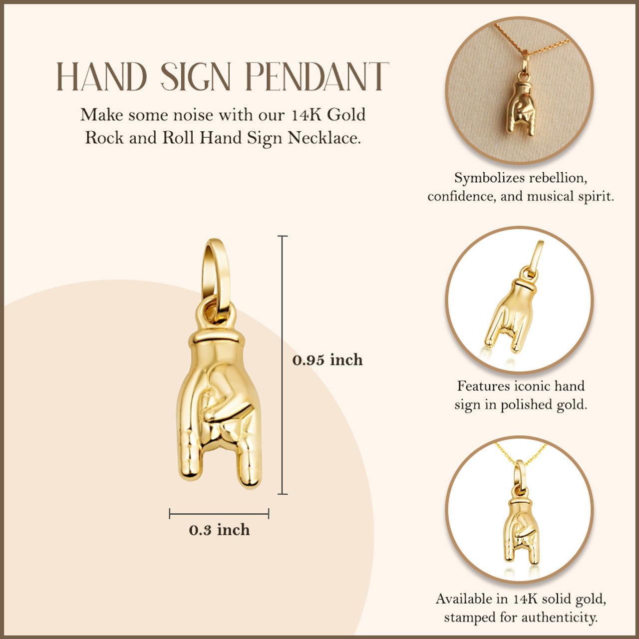 Rock and Roll Hand Sign Necklace in 14K Gold