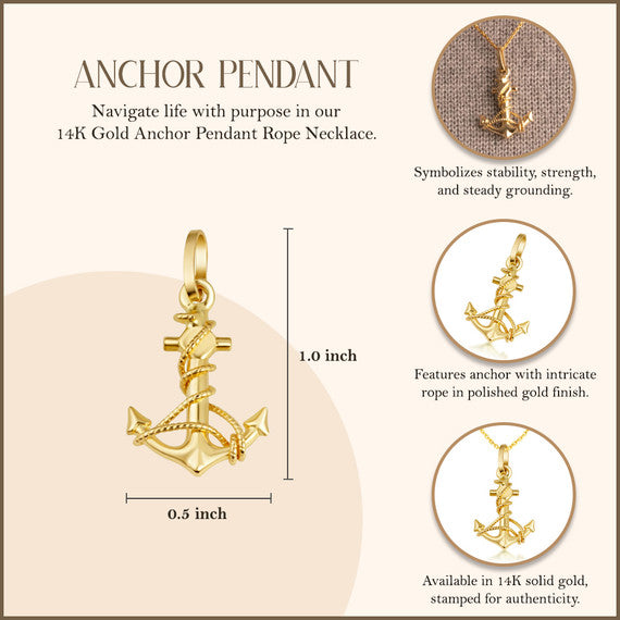 14K Gold Anchor Pendant Rope Necklace