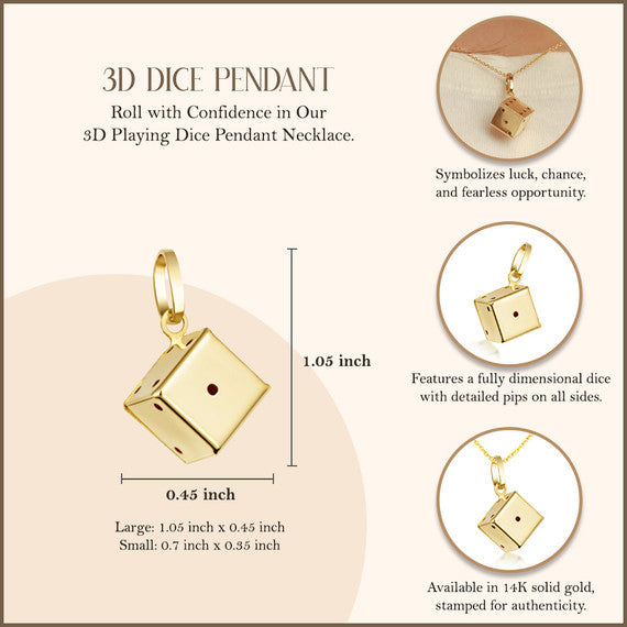 14K Gold 3D Playing Dice Pendant Necklace (S/L)