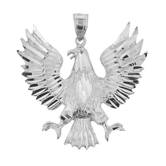 .925 Sterling Silver Large Diamond Cut Eagle Pendant Necklace
