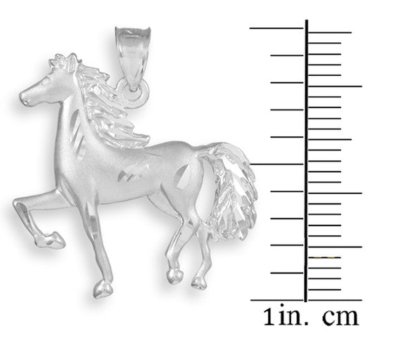 Satin Finish Diamond Cut Silver Horse Charm Pendant Necklace