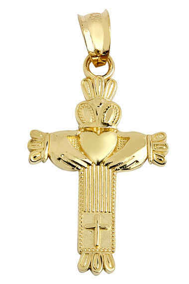 Solid Gold Claddagh Cross Pendant Necklace(Available in Yellow/White Gold)