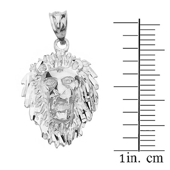 Sterling Silver Diamond Cut Roaring Lion Head Pendant Necklace