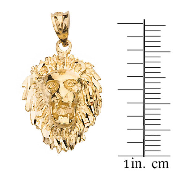 Solid Gold Diamond Cut Roaring Lion Head Pendant Necklace (Available in Yellow/Rose/White Gold)