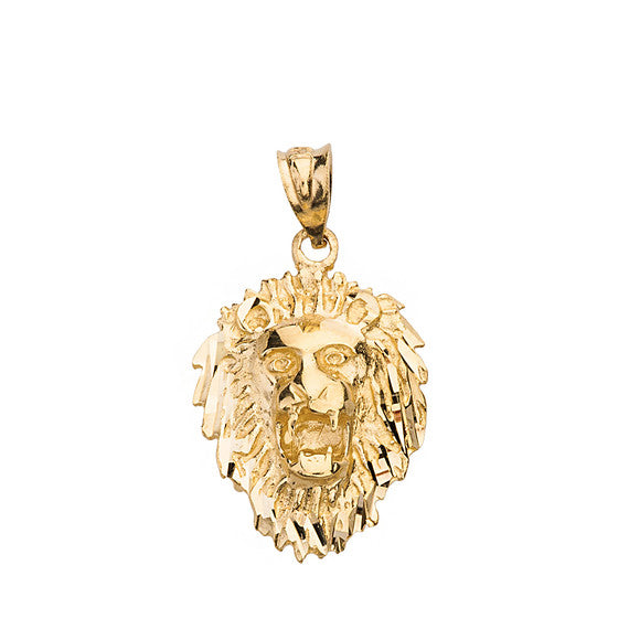 Solid Gold Diamond Cut Roaring Lion Head Pendant Necklace (Available in Yellow/Rose/White Gold)