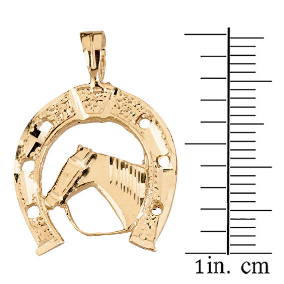 Sparkle Cut Equestrian Horseshoe and Horse Pendant Necklace in Solid Gold (Yellow/Rose/White)