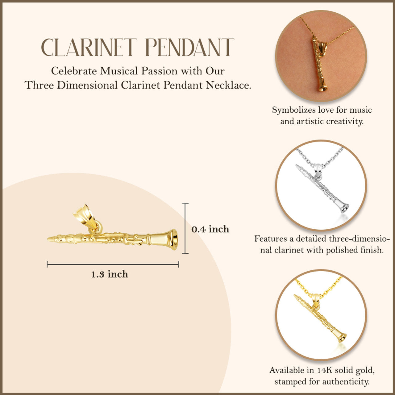10K/14K Gold Clarinet Necklace (Available in Yellow Gold, Rose Gold, White Gold)