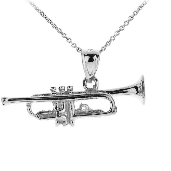 Silver Three Dimensional Trumpet Pendant Necklace