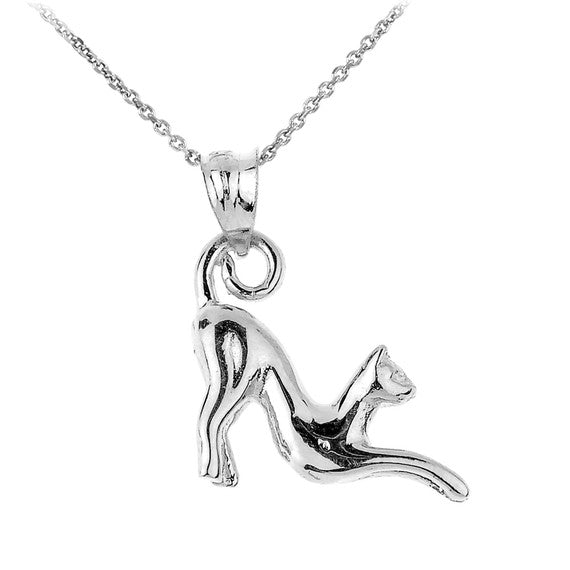 Sterling Silver Stretching Cat Charm Pendant Necklace