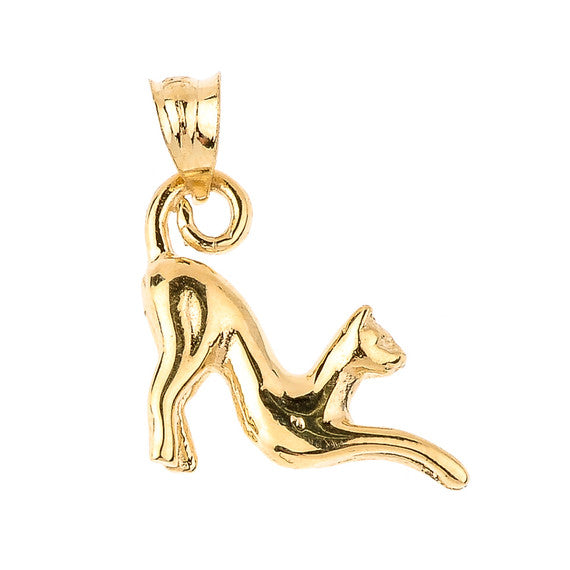 Solid Gold Stretching Cat Charm Pendant Necklace