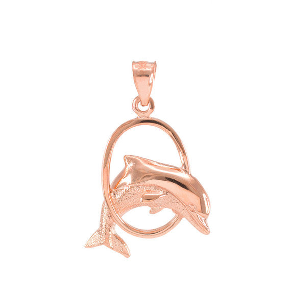 Solid Gold Hoop Jumping Dolphin Pendant Necklace (Available in Yellow/Rose/White Gold)