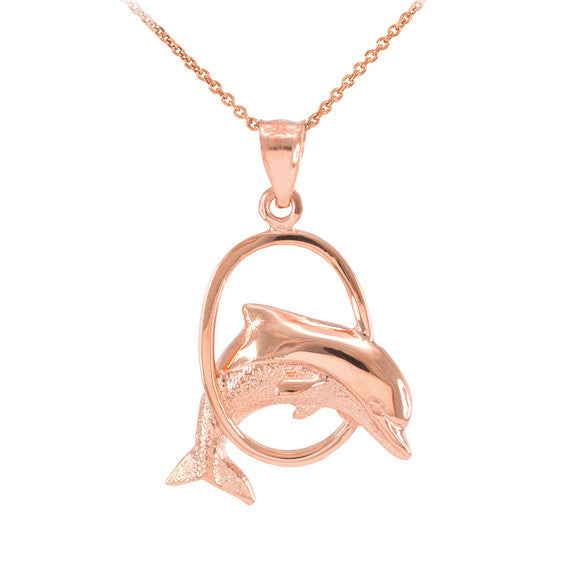 Solid Gold Hoop Jumping Dolphin Pendant Necklace (Available in Yellow/Rose/White Gold)