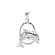 Solid Gold Hoop Jumping Dolphin Pendant Necklace (Available in Yellow/Rose/White Gold)