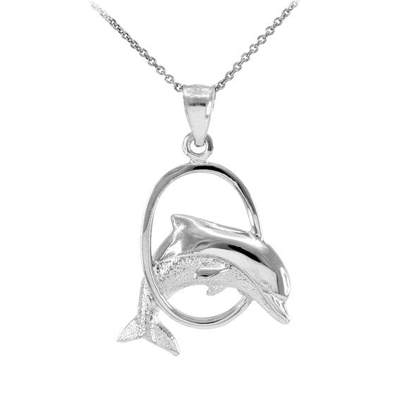 .925 Sterling Silver Hoop Jumping Dolphin Pendant Necklace