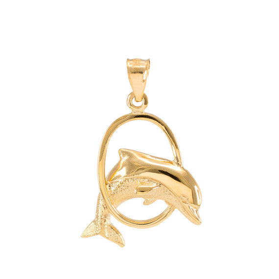 Solid Gold Hoop Jumping Dolphin Pendant Necklace (Available in Yellow/Rose/White Gold)