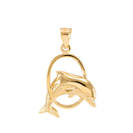 Solid Gold Hoop Jumping Dolphin Pendant Necklace (Available in Yellow/Rose/White Gold)