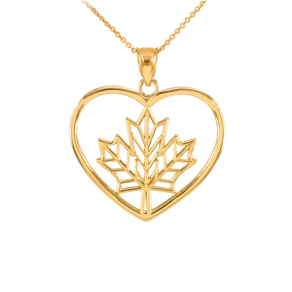 Yellow Gold Canadian Maple Leaf Heart Love Pendant Necklace