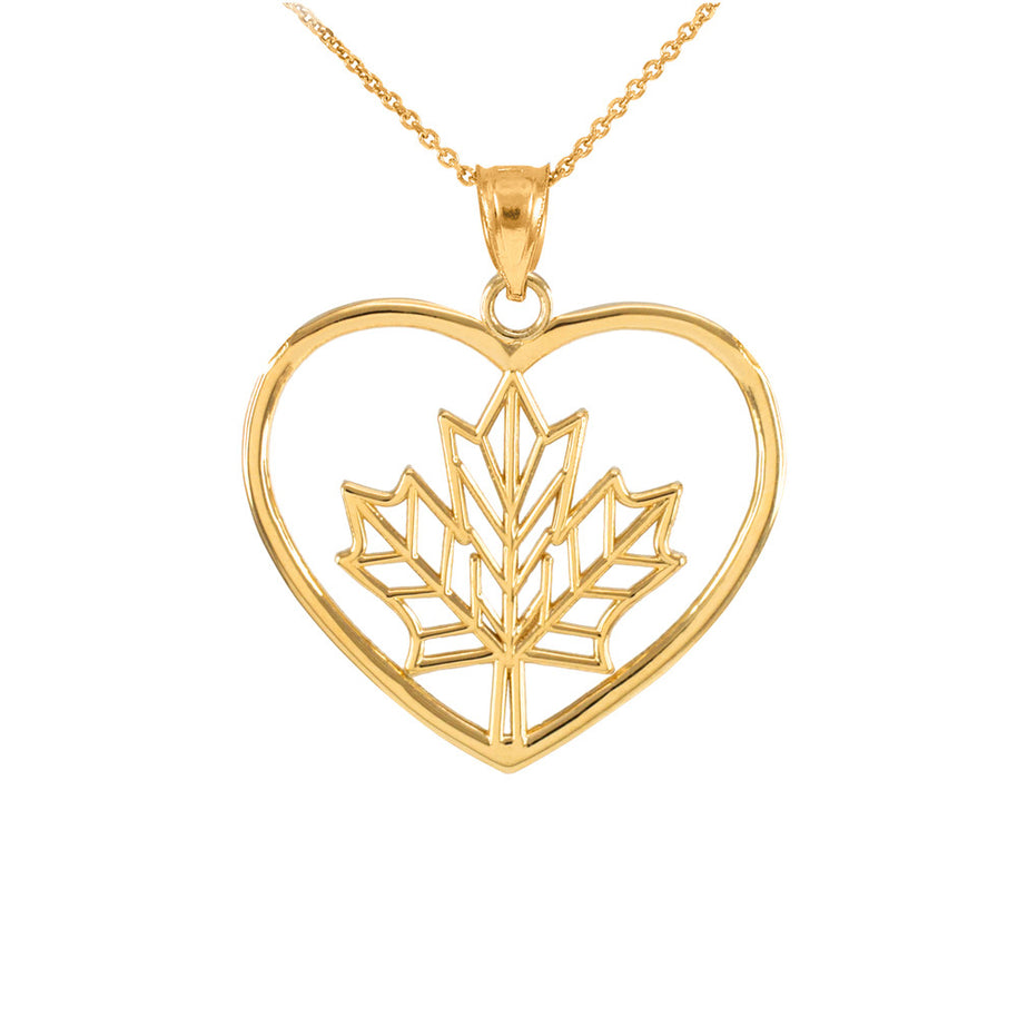 Yellow Gold Canadian Maple Leaf Heart Love Pendant Necklace