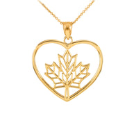 Yellow Gold Canadian Maple Leaf Heart Love Pendant Necklace