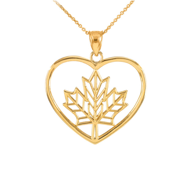 Yellow Gold Canadian Maple Leaf Heart Love Pendant Necklace