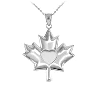 .925 Sterling Silver Canadian Maple Leaf Heart Pendant Necklace
