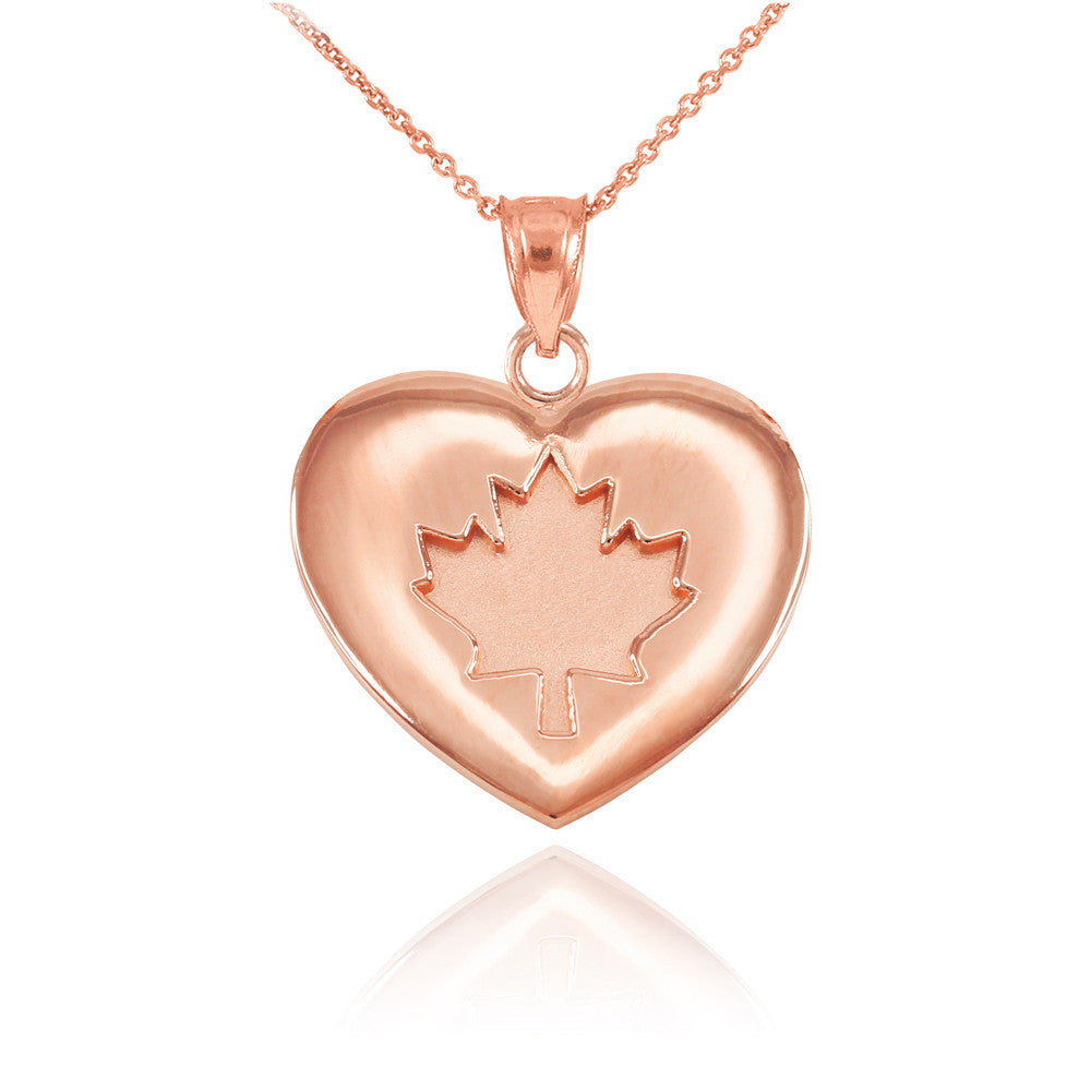 Solid Gold Maple Leaf Heart Pendant Necklace (Available in Yellow, Rose and White Gold)