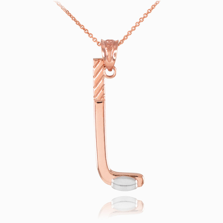 Gold Hockey Stick and Puck Winter Sports Pendant Necklace (Available in Yellow, Rose and White)