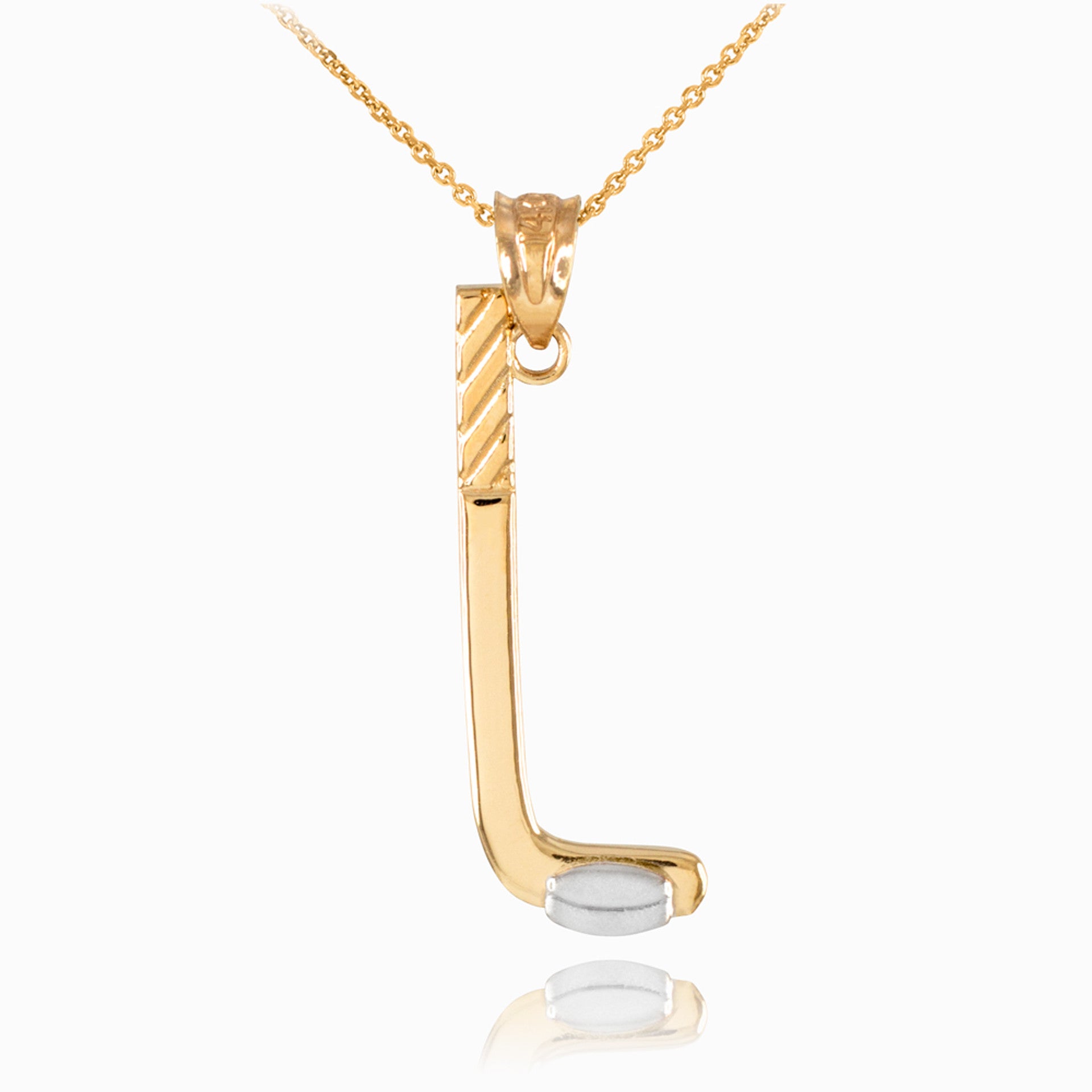 Gold Hockey Stick and Puck Winter Sports Pendant Necklace (Available in Yellow, Rose and White)