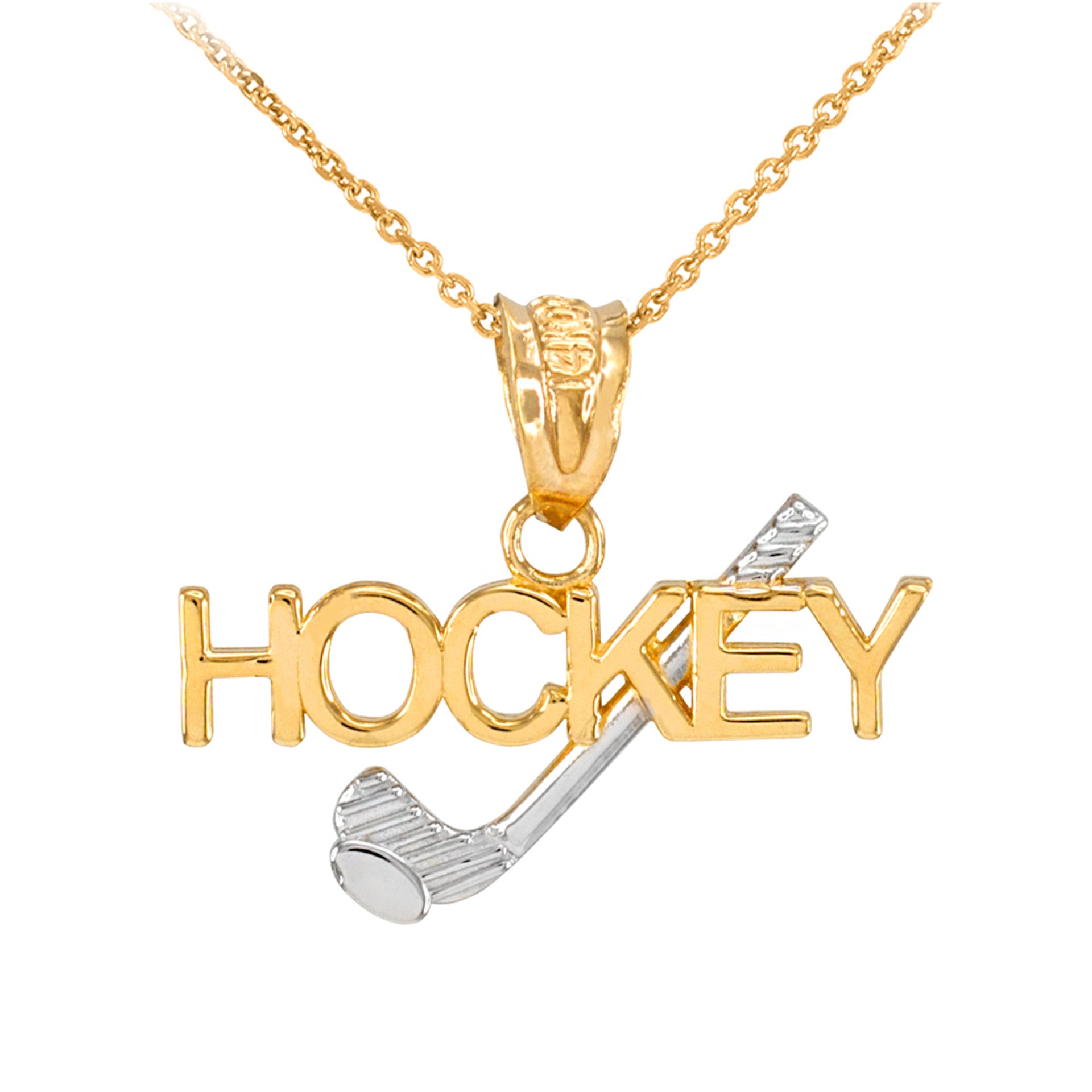 Two-Tone Gold HOCKEY Sports Charm Pendant Necklace (Available in Yellow, Rose and White)