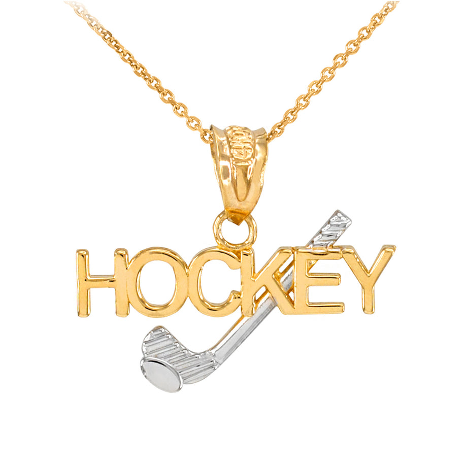 Two-Tone Gold HOCKEY Sports Charm Pendant Necklace (Available in Yellow, Rose and White)