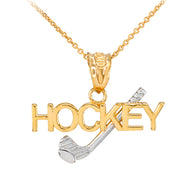 Two-Tone Gold HOCKEY Sports Charm Pendant Necklace (Available in Yellow, Rose and White)