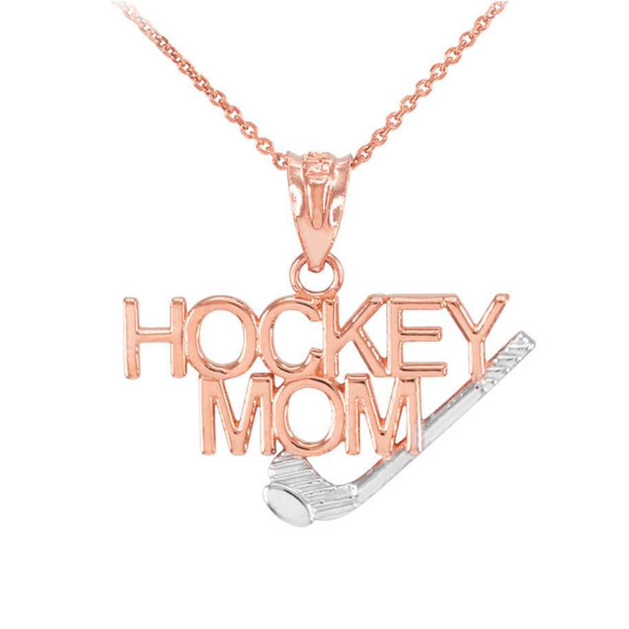 Solid Gold HOCKEY MOM Sports Pendant Necklace (Available in Two Tone Yellow, Rose and White)