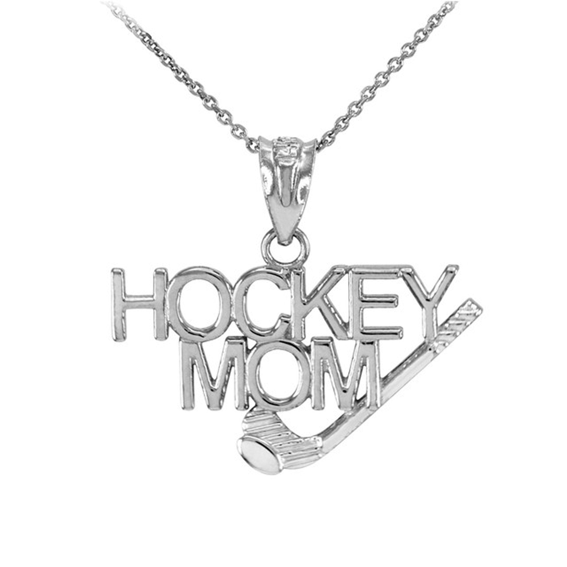 Solid Gold HOCKEY MOM Sports Pendant Necklace (Available in Two Tone Yellow, Rose and White)