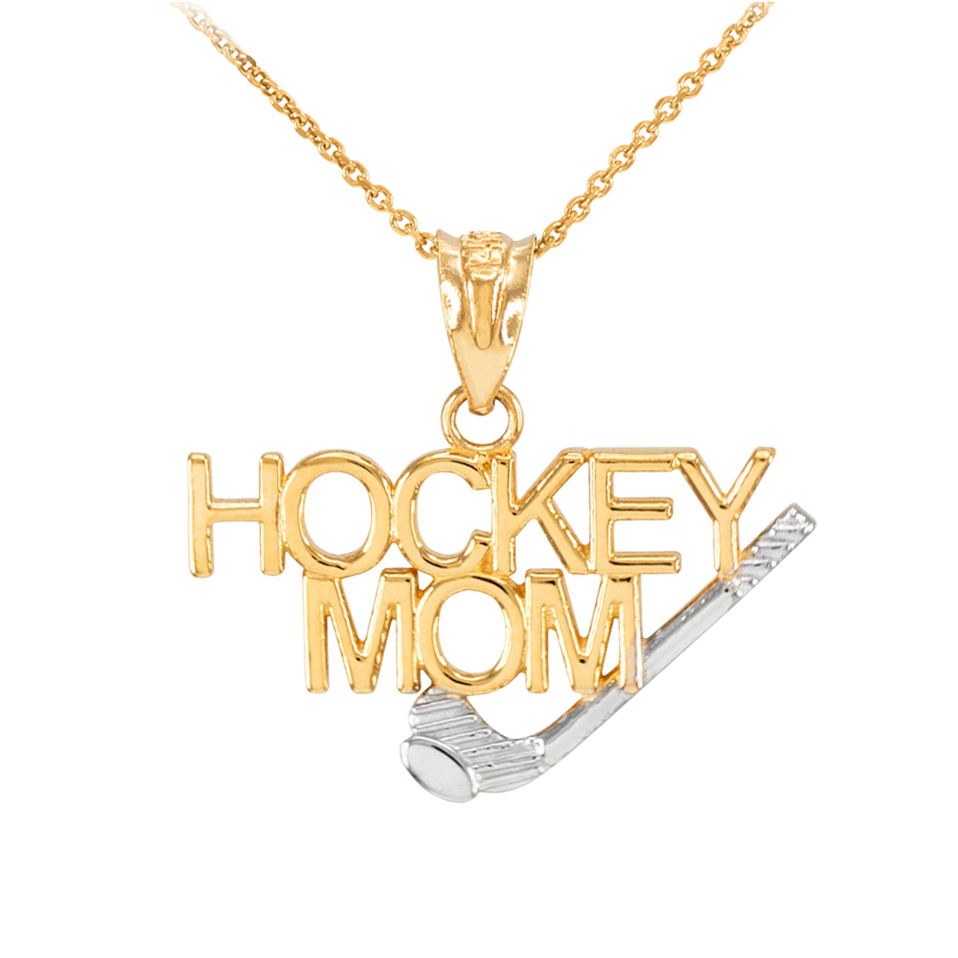 Solid Gold HOCKEY MOM Sports Pendant Necklace (Available in Two Tone Yellow, Rose and White)