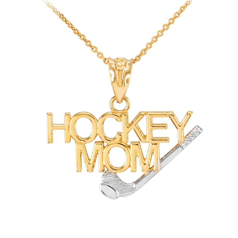 Solid Gold HOCKEY MOM Sports Pendant Necklace (Available in Two Tone Yellow, Rose and White)