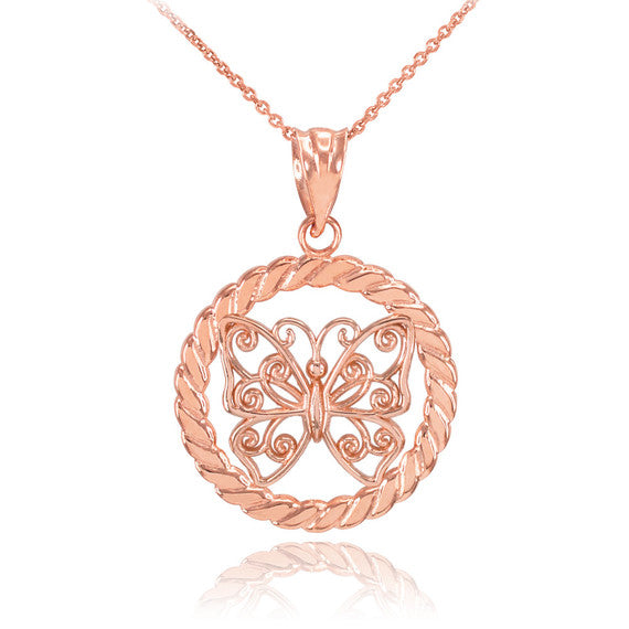 Gold Filigree Butterfly in Circle Rope Pendant Necklace(Available In Yellow/Rose/White Gold)