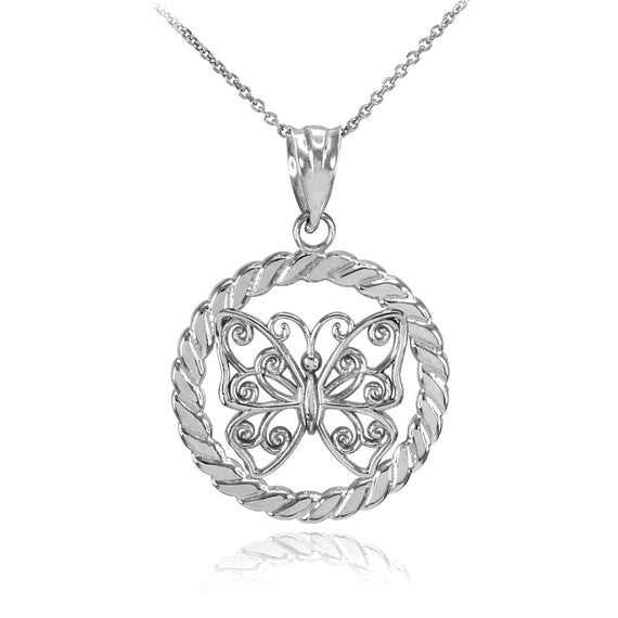 Gold Filigree Butterfly in Circle Rope Pendant Necklace(Available In Yellow/Rose/White Gold)