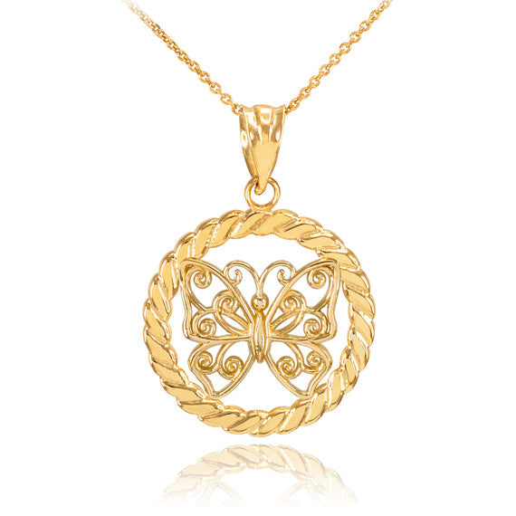 Gold Filigree Butterfly in Circle Rope Pendant Necklace(Available In Yellow/Rose/White Gold)