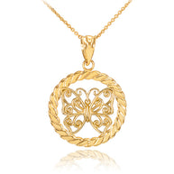 Gold Filigree Butterfly in Circle Rope Pendant Necklace(Available In Yellow/Rose/White Gold)