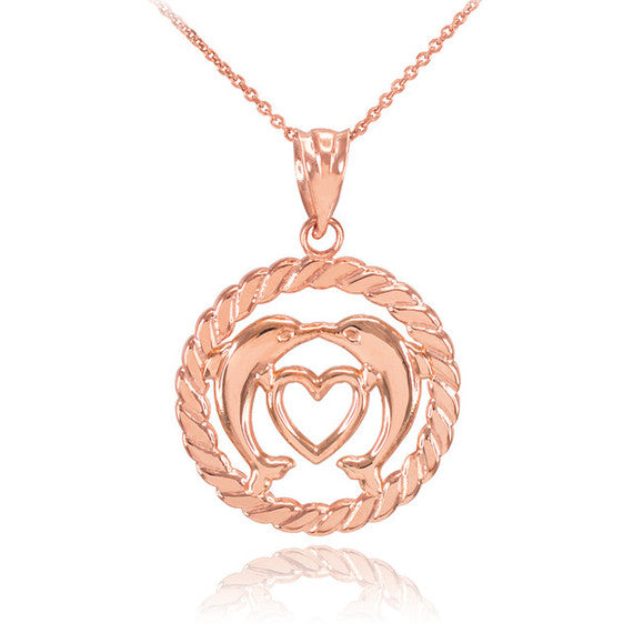 Gold Heart Kissing Dolphins in Circle Rope Pendant Necklace (Available in Yellow, White and Rose)